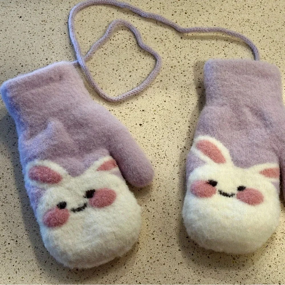 Kids Cute Bunny Face Purple Mittens with String